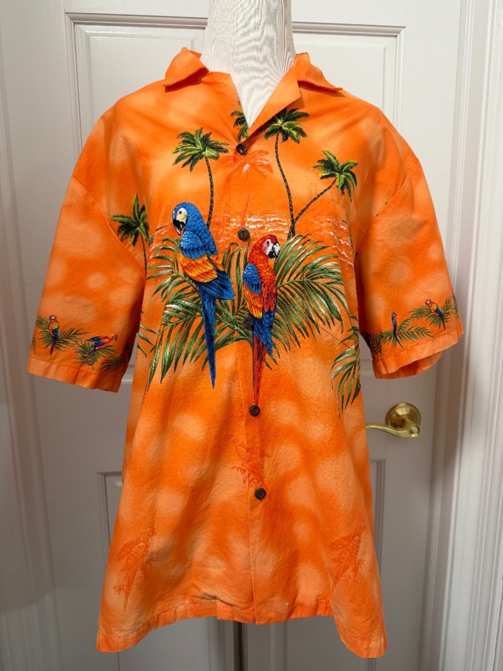 Vintage Ky's Hawaiian Camp Shirt Men's Medium Orange Tropical Parrot Button Up